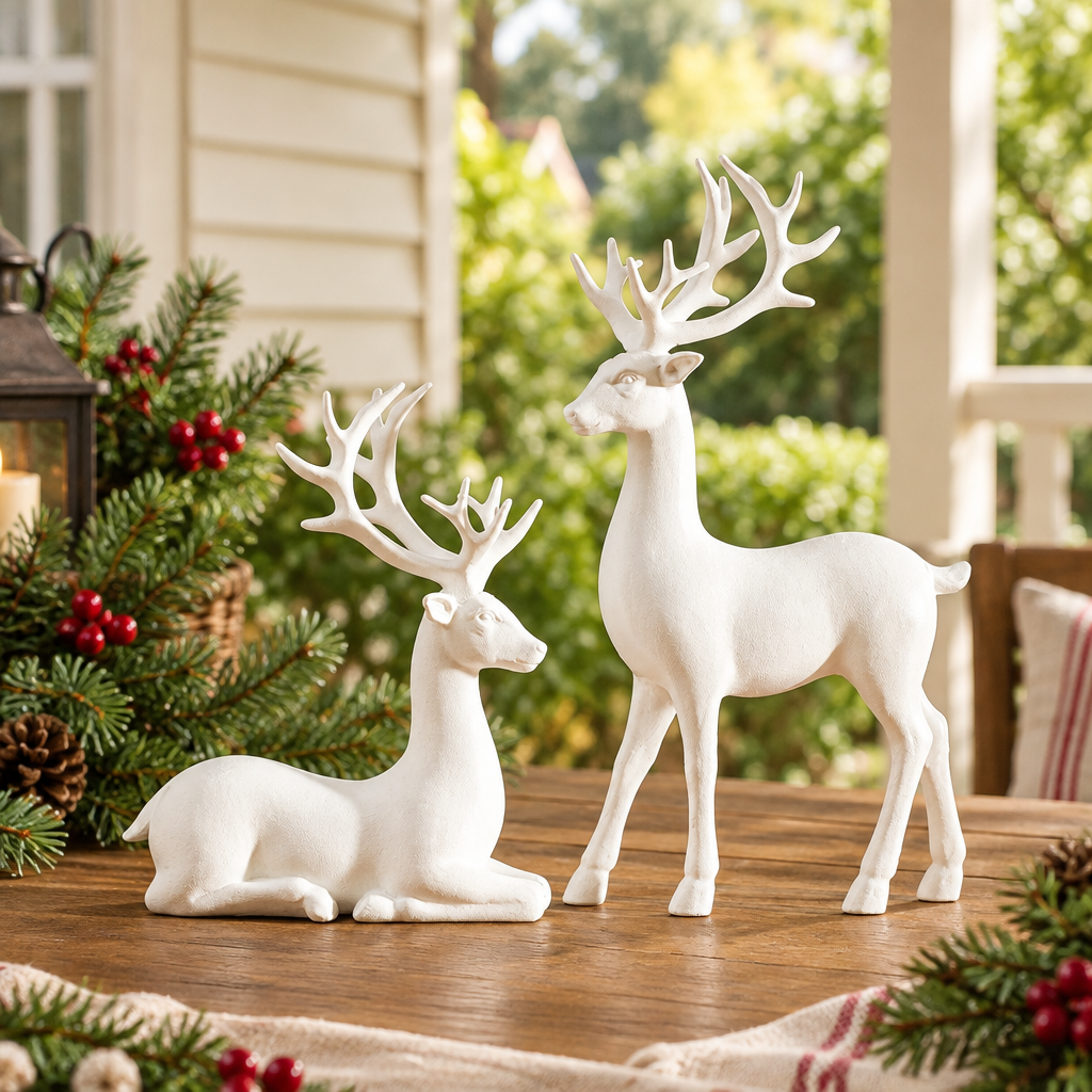 White reindeer pair on a festive cottage verandah table