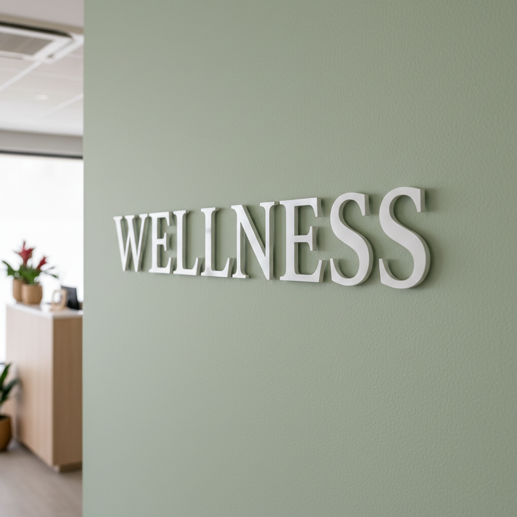 White serif WELLNESS on wellness studio wall