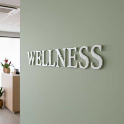 White serif WELLNESS on wellness studio wall