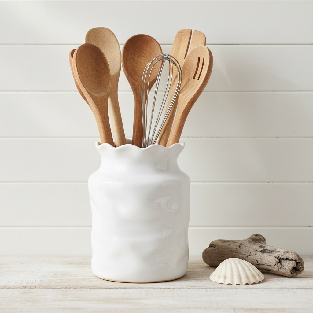 White Utensil Holder - Coastal Beach House Kitchen