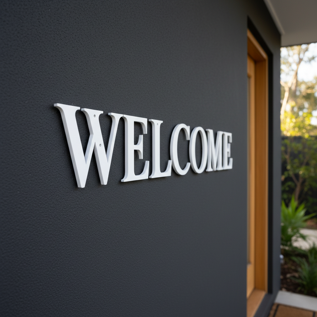 White WELCOME letters on rendered wall