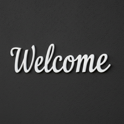White WELCOME on dark wall