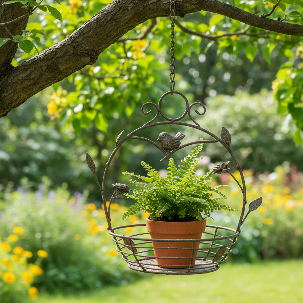 Wire basket hanging from a tree branch