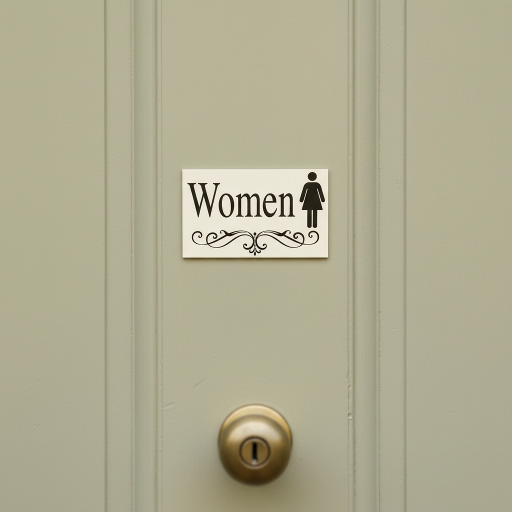 Women vintage scroll cream sign on a closed sage painted cafe door