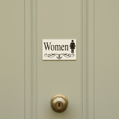 Women vintage scroll cream sign on a closed sage painted cafe door