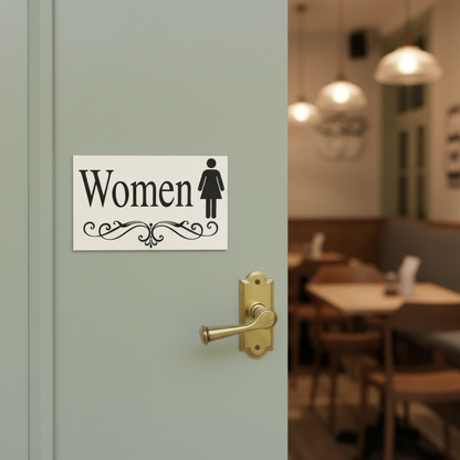 Women vintage scroll cream sign on a sage cafe restroom door with cafe interior behind