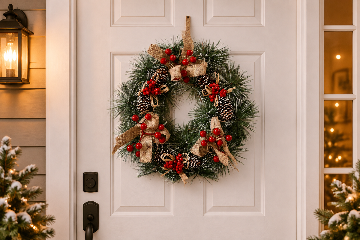 Wreath on a white front door
