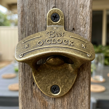 Yellow Bronze Beer O’Clock bottle opener in a sheltered alfresco bar