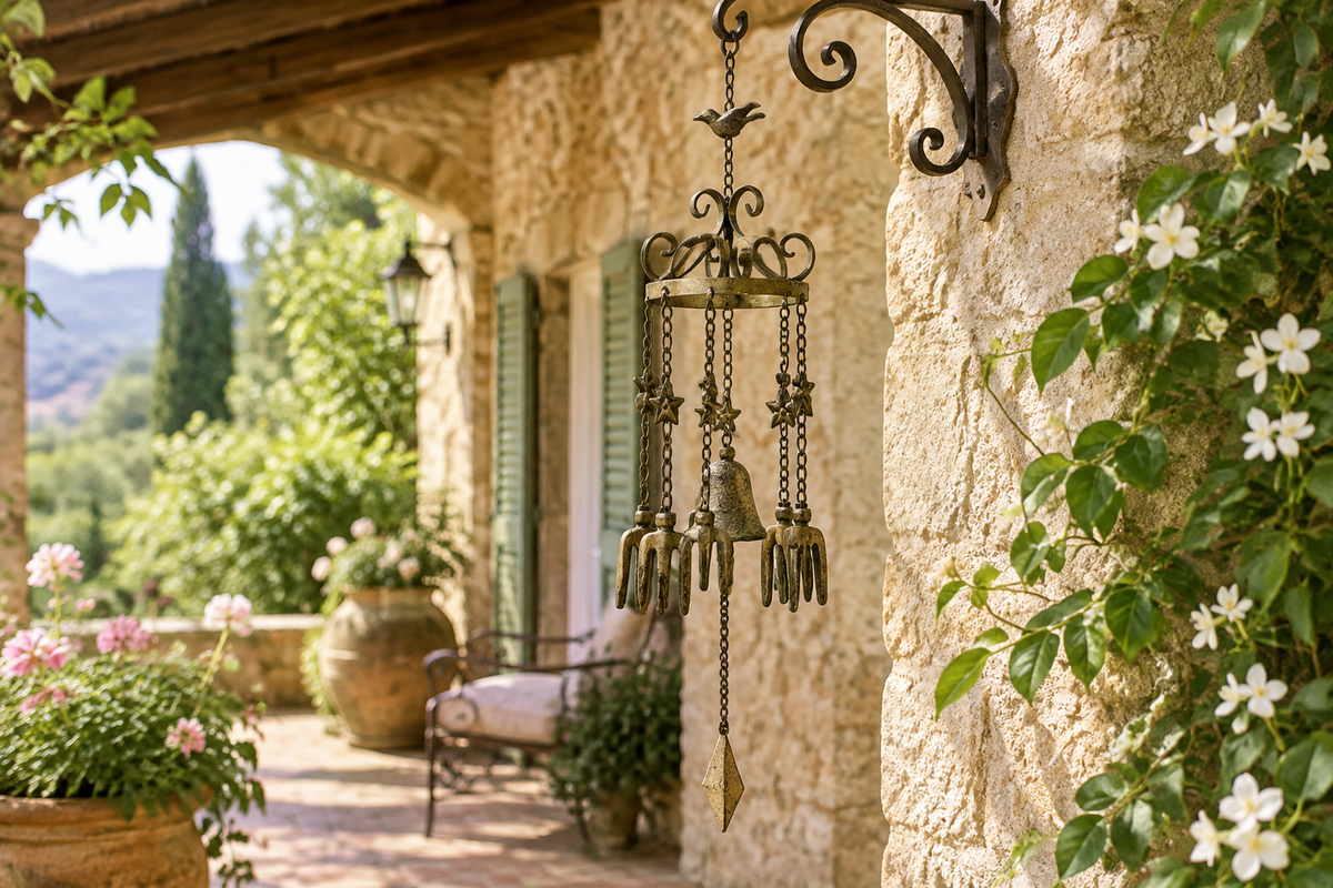 Your bird wind chime beside a villa veranda