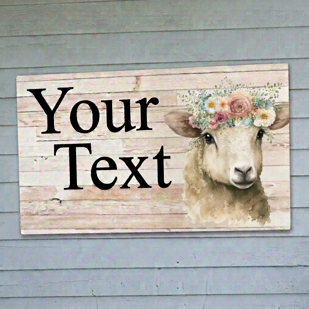 Your Text sheep sign on blue weatherboards