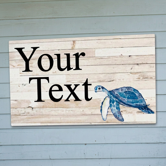 Your Text turtle sign against an uninterrupted blue timber wall
