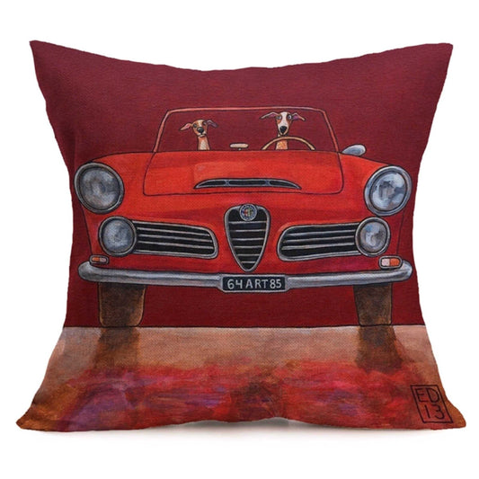 Cushion Pillow Retro Fun Dogs In Red Car