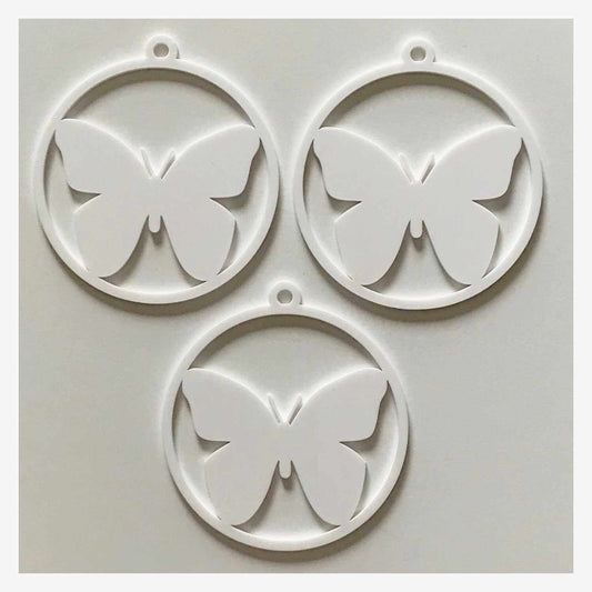 Butterfly Decoration Hanging Set Of 3 White Plastic Acrylic Country Decor Garden
