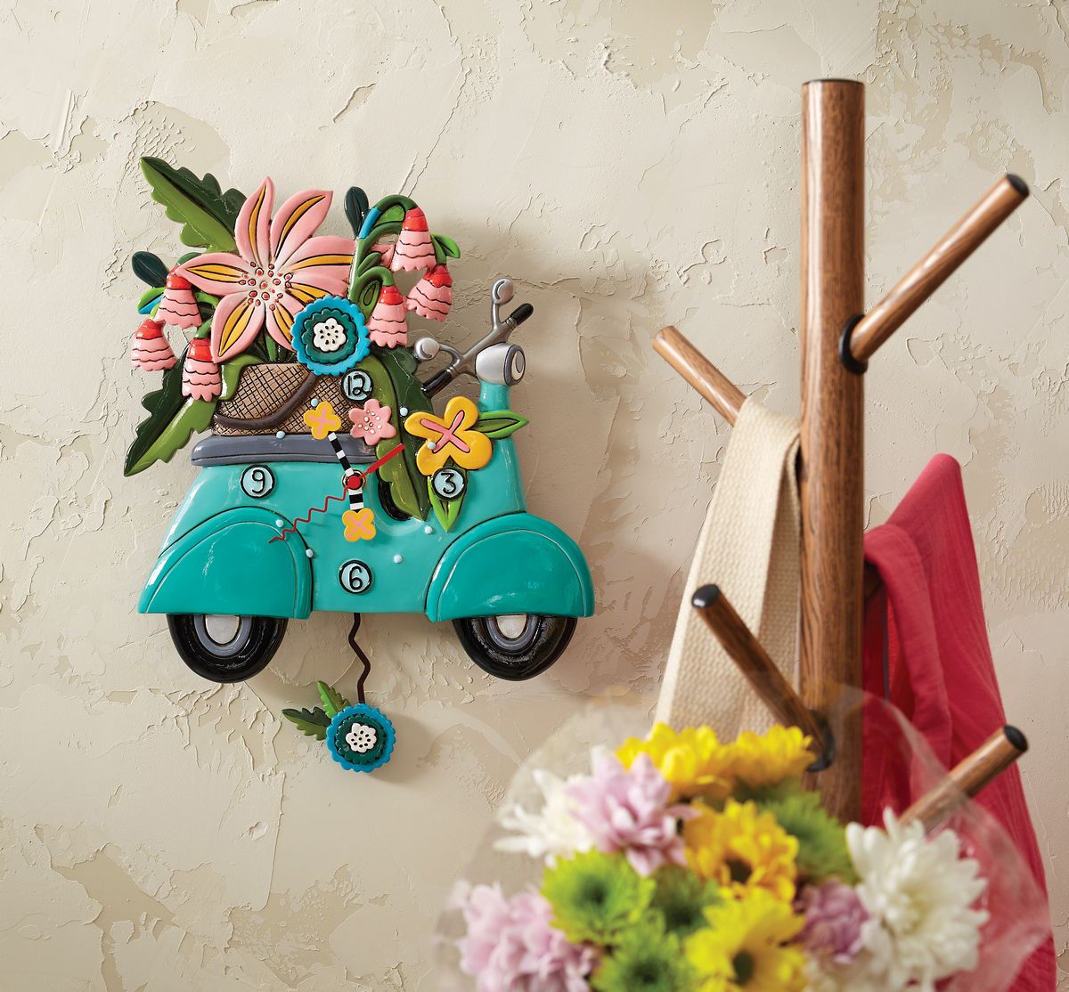 Clock Scooter Scoot-In Flower Wall Funky Retro