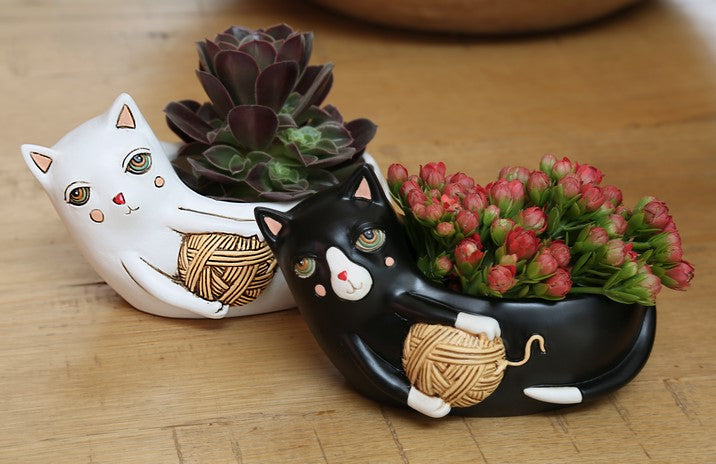 Cat Funky Yarn White Plant Pot Planter Small - The Renmy Store Homewares & Gifts 