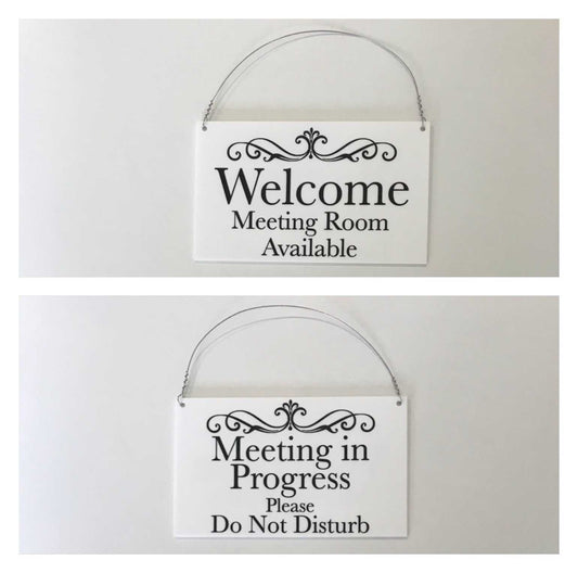 Meeting in Progress & Room Available Hanging Black Sign