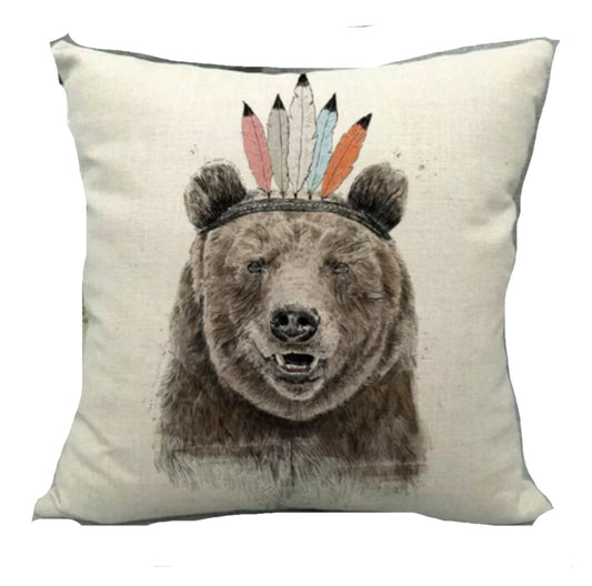 Cushion Cover Pillow Bear Indian Feathers - The Renmy Store Homewares & Gifts 