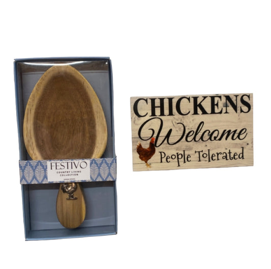 Rooster Chicken Wooden Spoon & Welcome Sign Gift