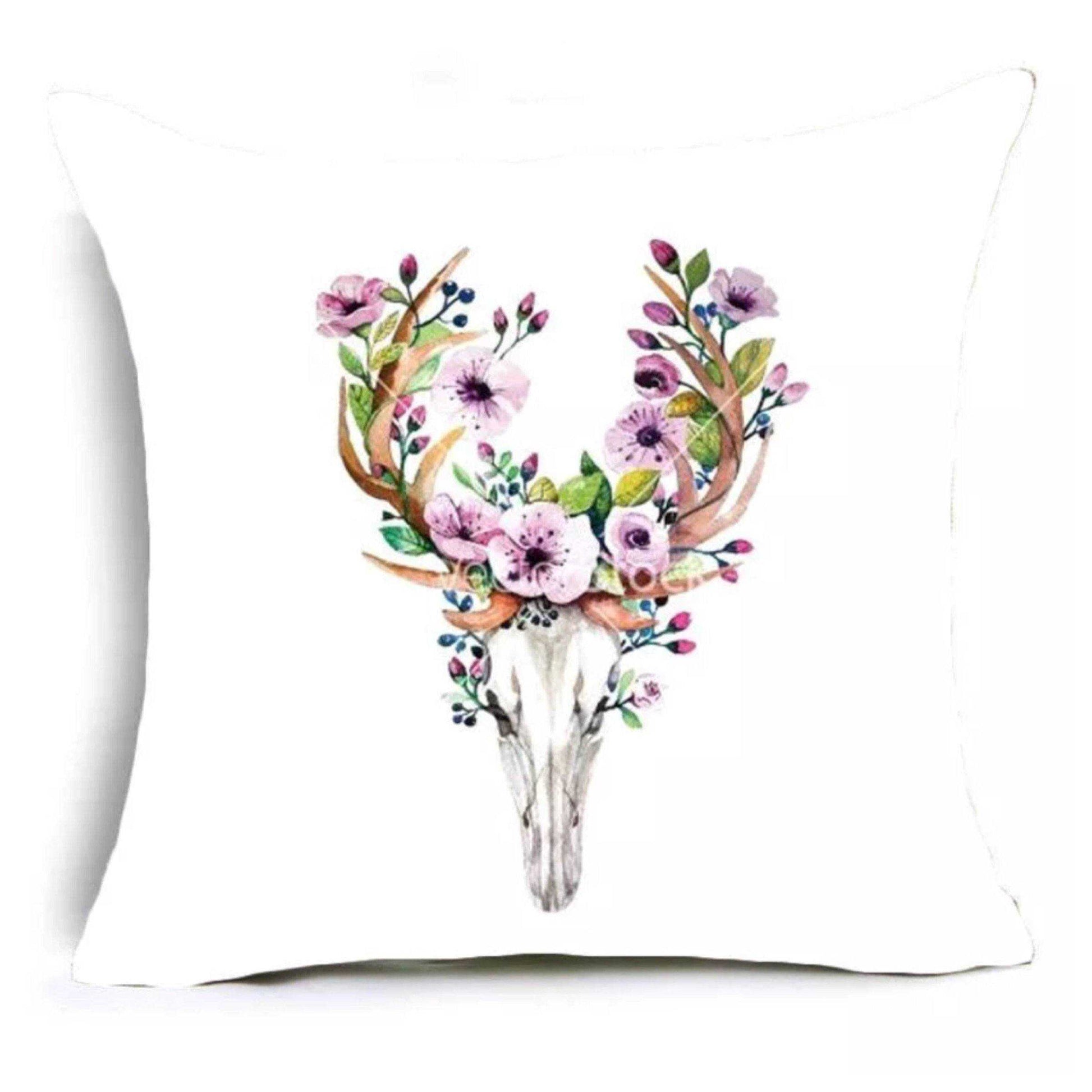 Cushion Pillow Boho Stag Skull Deer with Pink Purple Flowers