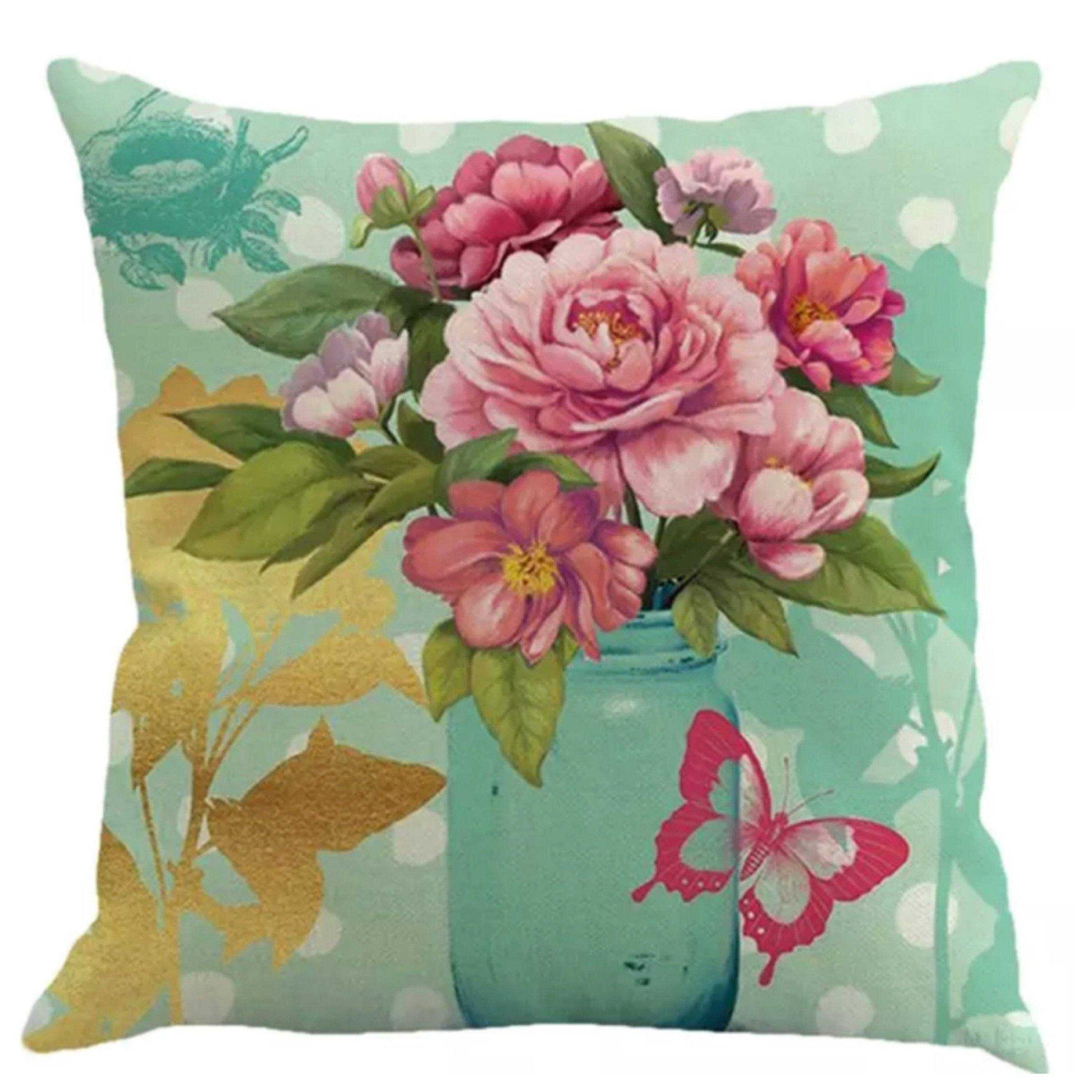 Cushion Pillow Pink & Green Flowers with Butterfly