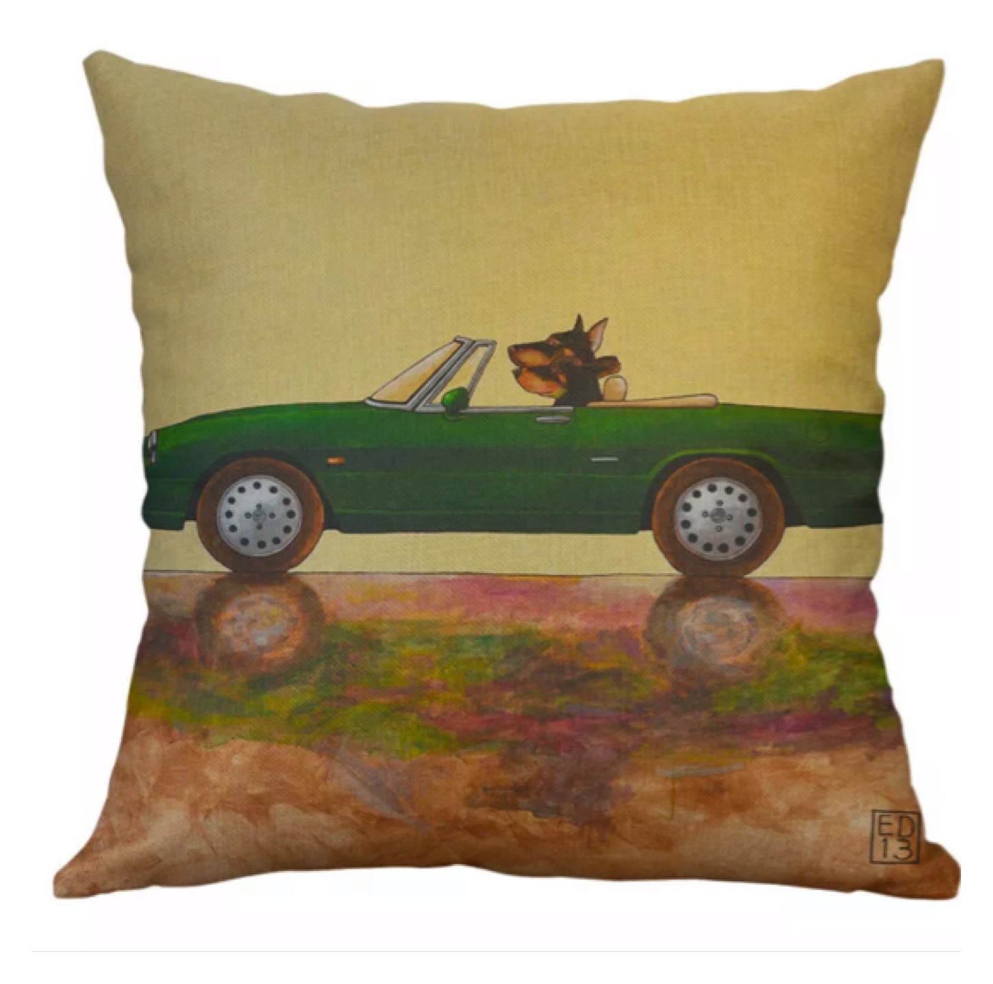 Cushion Pillow Retro Fun Dog In Green Car