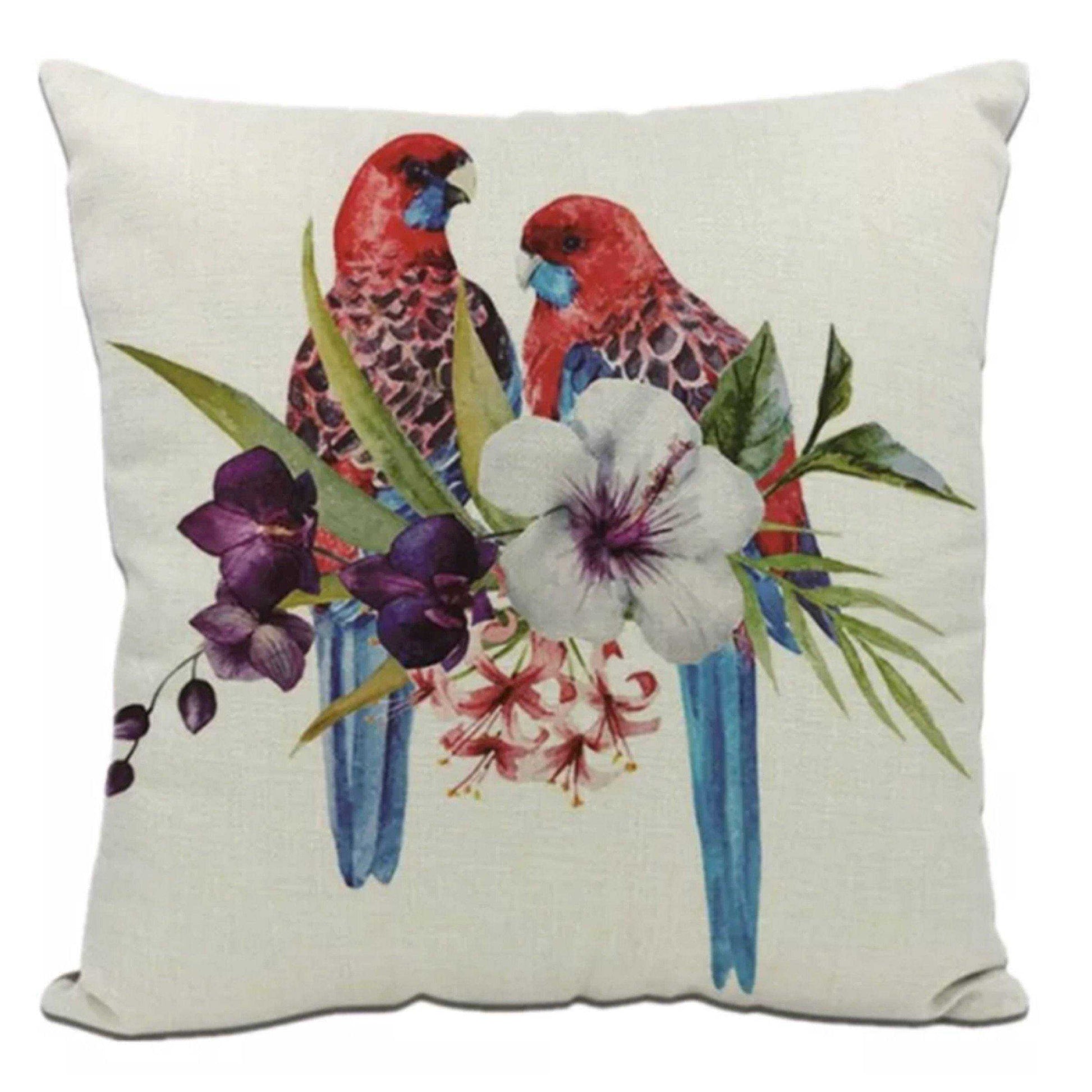 Cushion Pillow Tropical Two Parrots with Hibiscus Flower