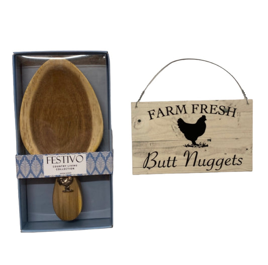 Rooster Chicken Wooden Spoon & Sign Gift